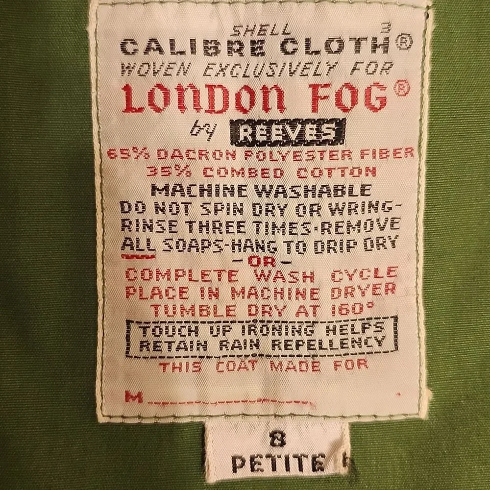 London Fog Vintage 1980s Deep Green Double Breasted Weatherproof Coat. 8P